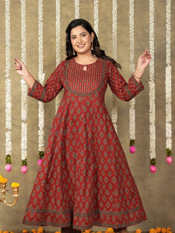 ARAMYA - Brown Soft Cotton Anarkali Butti Print Kurta