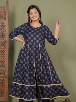ARAMYA - Navy Blue Viscose Anarkali Geometric Print Kurta