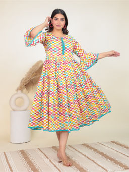 ARAMYA - Multi-Color Soft Cotton Flared Geometric Print Dress