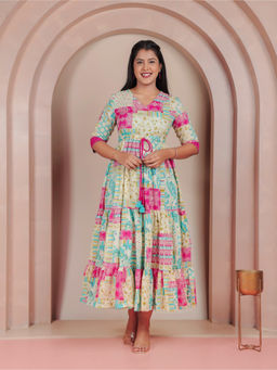 ARAMYA - Women Soft Cotton A-Line Multi-Color Print Dress