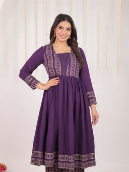 ARAMYA - Purple Soft Cotton Anarkali Bandhani Print Kurta