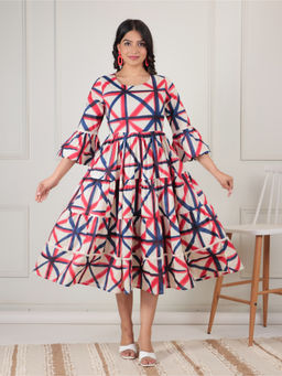 ARAMYA - Cream Soft Cotton Flared Geometric Print Dress