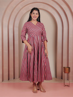 ARAMYA - Multi-Color Linen Cotton Angrakha Chevron Print Dress