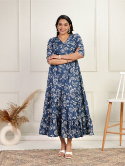 ARAMYA - Blue Soft Cotton A-Line Floral Print Dress