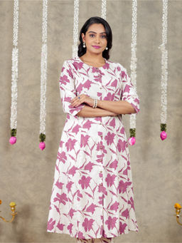 ARAMYA - Off White Linen Cotton A-Line Floral Print Kurta