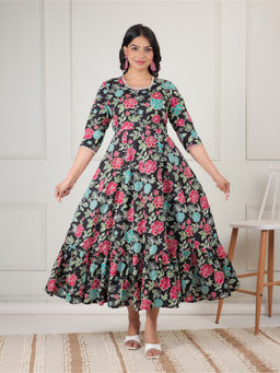 ARAMYA - Black Soft Cotton Anarkali Floral Print Dress