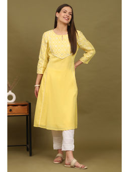 W - Daffodil Yellow Embroidered Yoke Crinkle Cotton Flared Kurta
