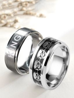 OOMPH - Black & Silver Stainless Steel Punk Skull & "King" Fashion Ring Bands (Set of 2)