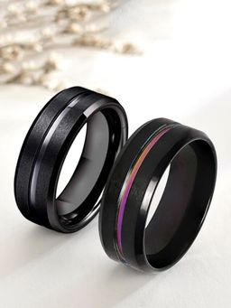 OOMPH - Matte Finish Black Stainless Steel Band Rings For Men (Set of 2)