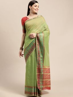VAIRAGEE - Green and Red Borders Saree with Unstitched Blouse