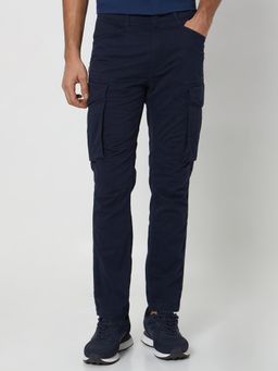 Mufti - Men Navy Blue Solid Cargo Pant