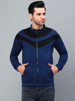 RIGO - Men Ink Blue Color Blocked High Neck Fleece Jacket