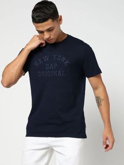 GAP - Men Embroidered Crew Neck Half Sleeves Blue T-Shirt