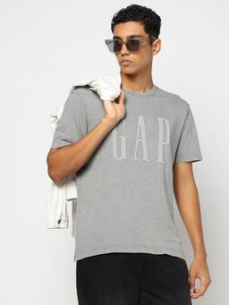 GAP - Men Logo Print Half Sleeves Crew Neck Grey T-Shirt