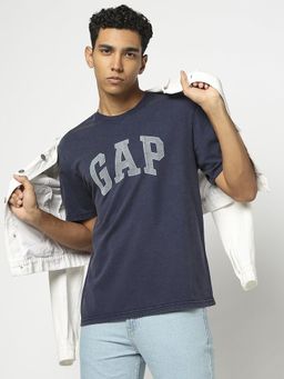 GAP - Men Logo Print Crew Neck Half Sleeves Navy Blue T-Shirt