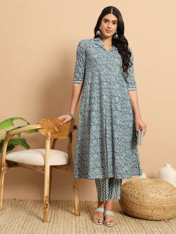 Meeranshi - Stone Blue Printed Anarkali Kurta and Pants (Set of 2)