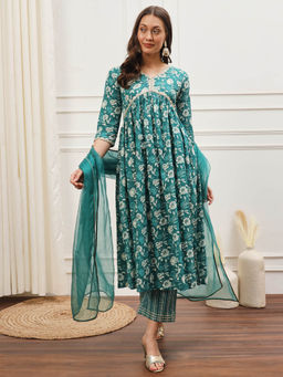 Meeranshi - Teal Green Floral Alia Flared Anarkali Kurta and Pants with Dupatta (Set of 3)