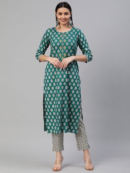 Kami Kubi - Green Printed Kurta with Pant (Set of 2)