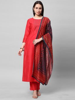 Kami Kubi - Red Embroidered Kurta with Pant and Dupatta (Set of 3)