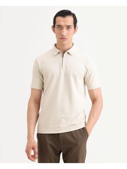 Rare Rabbit - Mens Arp Light Beige Cotton Blend Fabric Spread Collar Plain Polo T-Shirt