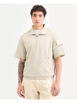 Rare Rabbit - Mens Atto Beige Nylon Fabric Spread Collar Regular Fit Plain T-Shirt