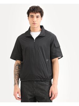 Rare Rabbit - Mens Atto Black Nylon Fabric Spread Collar Regular Fit Plain T-Shirt