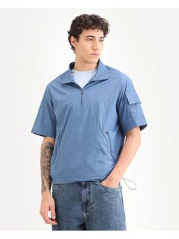 Rare Rabbit - Mens Atto Blue Nylon Fabric Spread Collar Regular Fit Plain T-Shirt