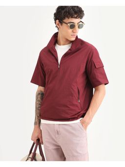Rare Rabbit - Mens Atto Red Nylon Fabric Spread Collar Regular Fit Plain T-Shirt