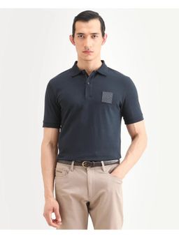 Rare Rabbit - Mens Boro Dark Navy Blue Cotton Blend Fabric Spread Collar Plain Polo T-Shirt