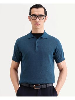 Rare Rabbit - Mens Mekko-S26 Dark Teal Cotton Fabric Regular Plain Polo T-Shirt