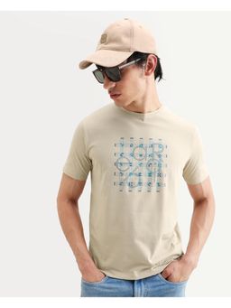 Rare Rabbit - Mens Orem Light Beige Cotton Blend Fabric Graphic Print T-Shirt