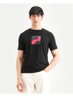 Rare Rabbit - Mens Prano Black Cotton Blend Fabric Crew Neck Graphic Print T-Shirt