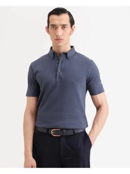 Rare Rabbit - Mens Promp Dusky Blue Cotton Blend Fabric Spread Collar Plain Polo T-Shirt