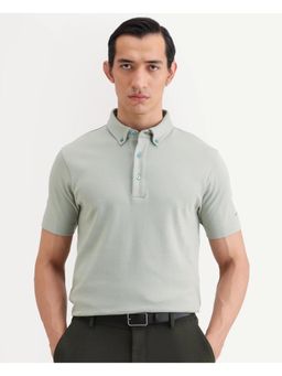 Rare Rabbit - Mens Promp Dusky Green Cotton Blend Fabric Spread Collar Plain Polo T-Shirt