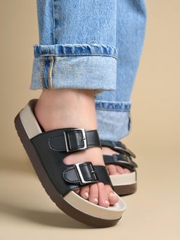 Shoetopia - Women Black Dual Buckle Comfort Sandals