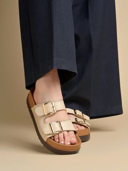 Shoetopia - Women Cream Dual Buckle Comfort Sandals