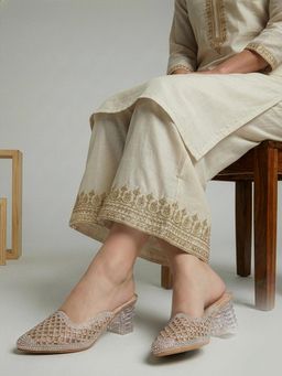 Dollphin - Women Gold Champagne Crystal Studded Mules Heels