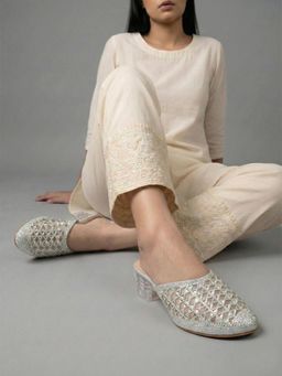 Dollphin - Women Silver Champagne Crystal Studded Mules Heels