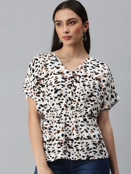 SHOWOFFFF - Women V-Neck Half Sleeves Animal Print White Top