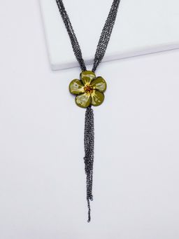Rhea - Olive Petal Enamel Pendant Tassel Necklace