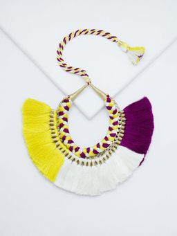 Rhea - Green White Yellow Braided Tassel Necklace