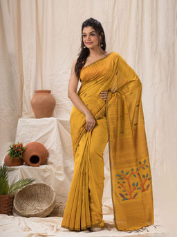 Angoshobha - Yellow Cotton Blended Traditional Jamdani Saree with Unstitched Blouse