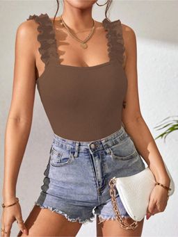 Outzidr - Womens Brown Square Neck Ruffle Bodysuit