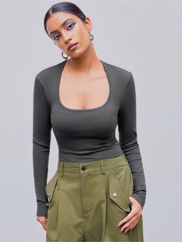 Outzidr - Womens Grey Full Sleeved Scoop Neck Bodysuit