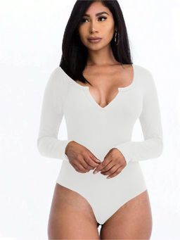 Outzidr - Womens Off White Full Sleeved Scoop Neck Bodysuit