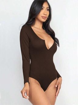 Outzidr - Womens Brown Full Sleeved Scoop Neck Bodysuit