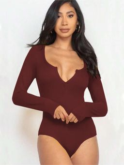 Outzidr - Womens Wine Full Sleeved Scoop Neck Bodysuit