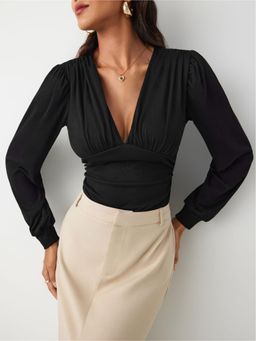 Outzidr - Womens Black Plunging Neck Ruched Bodysuit