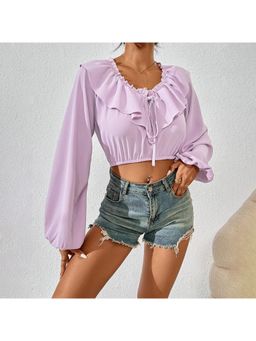 Outzidr - Womens Purple Full Sleeved Ruffle Crop Top