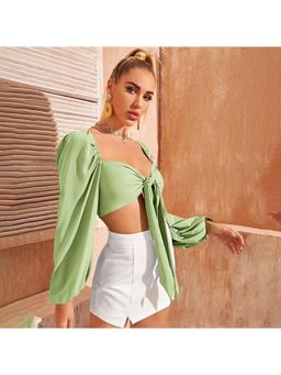 Outzidr - Womens Green Full Sleeved Front Tie-Up Crop Top